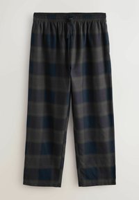 Pantaloni lounge a quadri in tonalità blu scuro e verde, con cintura elastica e cordoncino regolabile, e design con gambe larghe. Texture liscia.