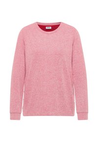Suéter rosa de cuello redondo con mangas largas, tejido de punto texturizado y cremalleras laterales. Presenta un cuello interior en color rojo sólido que contrasta.