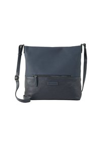Borsa a spalla grigia con texture liscia, dotata di un pannello inferiore a contrasto, tasca con zip e tracolla regolabile. Elementi di design minimalisti.