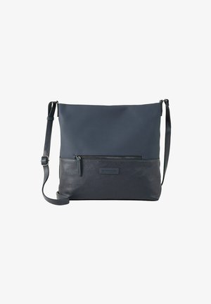 Grå skuldertaske med en glat tekstur, der har en kontrastbundpanel, lynlåslomme og justerbar rem. Minimalistisk design.