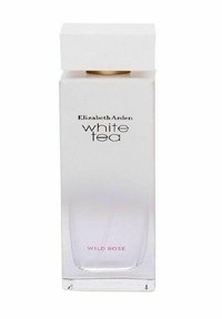 Genomskinlig glasparfymflaska med ett kvadratiskt vitt lock, märkta "Elizabeth Arden white tea" och "WILD ROSE" i rosa text.