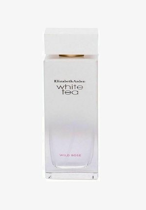 Gennemsigtig glas parfume flaske med en firkantet hvid hætte, mærket "Elizabeth Arden white tea" og "WILD ROSE" i pink skrift.