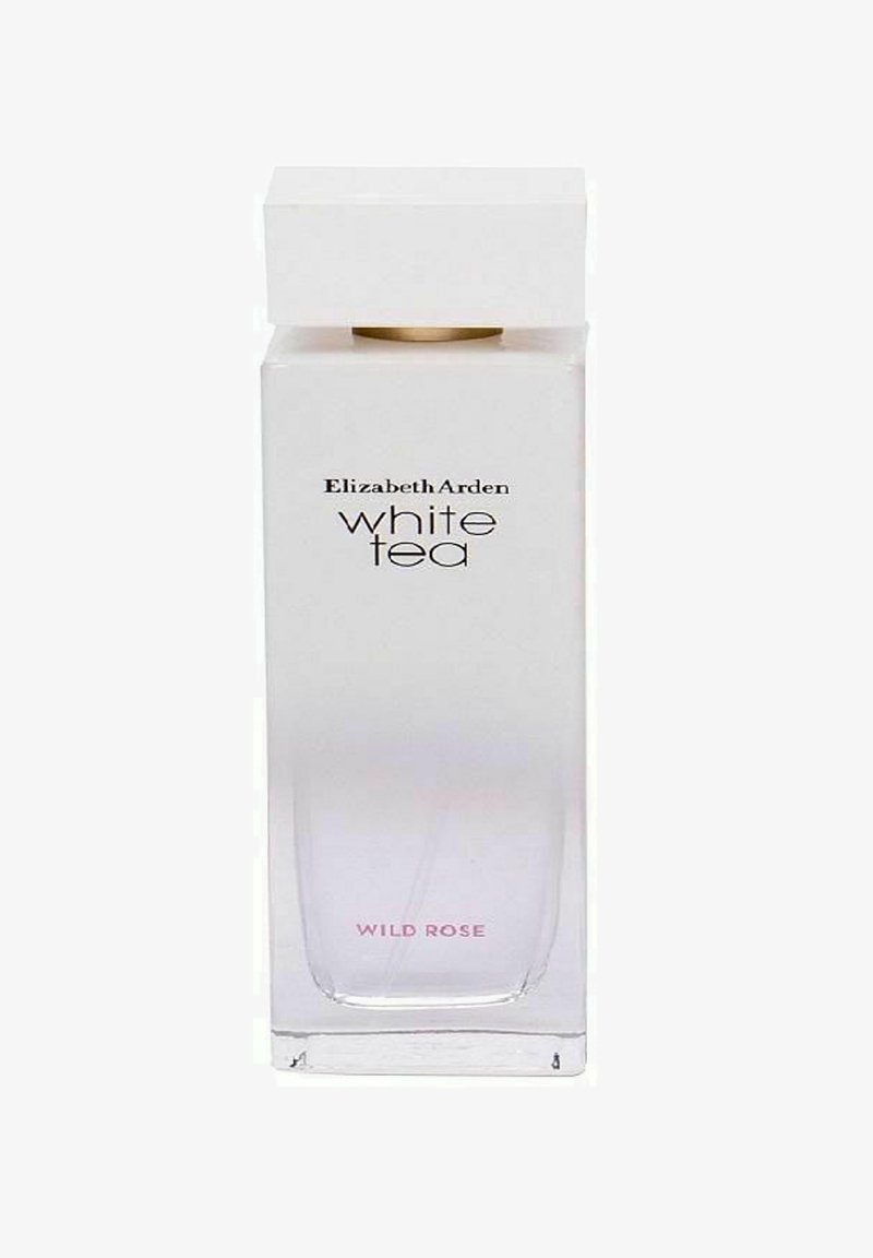 Genomskinlig glasparfymflaska med ett kvadratiskt vitt lock, märkta "Elizabeth Arden white tea" och "WILD ROSE" i rosa text.