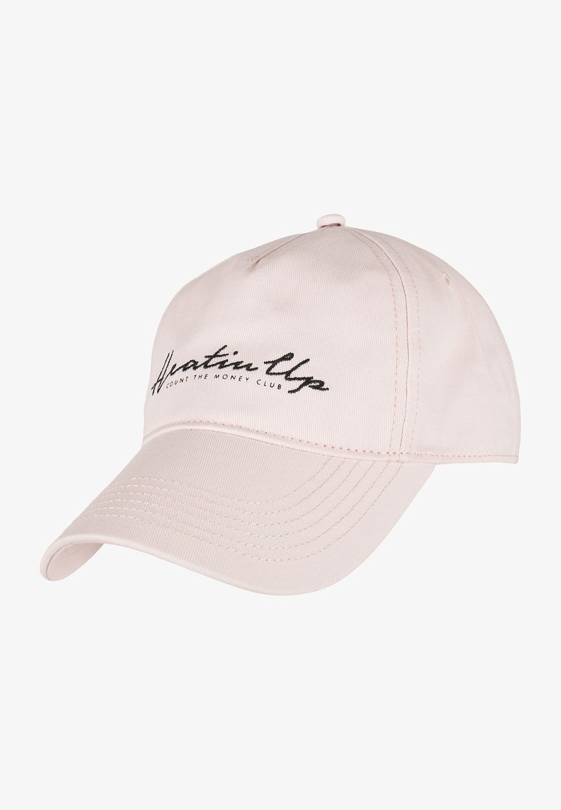 Pink cotton baseball cap with a curved brim, featuring black embroidered text "Heatin' Up Count The Money Club" on the front.