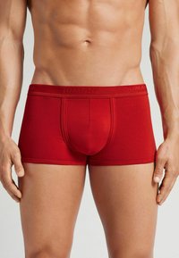 Muže torso a horní části nohou v těsných červených boxerkách, stojící s uvolněnými pažemi podél těla na neutrálním pozadí.