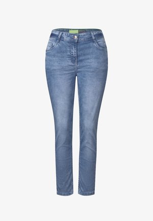 Blaue Jeans aus Denim, schmal geschnitten, mit einem Knopfverschluss, Fronttaschen und einer abgewaschenen Optik mit leichten Waschungseffekten.