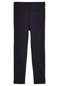 Leggings in tessuto elasticizzato blu navy con una texture liscia. Presentano una chiusura a bottone e quattro tasche; design aderente, sfasato alla caviglia.