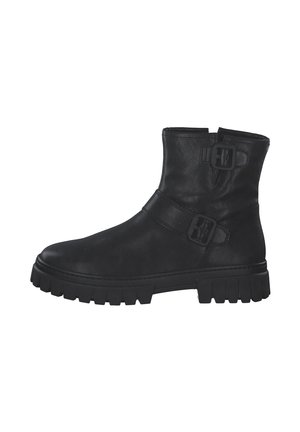 Schwarze Leder-Ankle-Boots mit zwei Schnallenriemen, rutschfester Gummisohle, leicht abgerundeter Zehenpartie und glattem, strukturiertem Finish.
