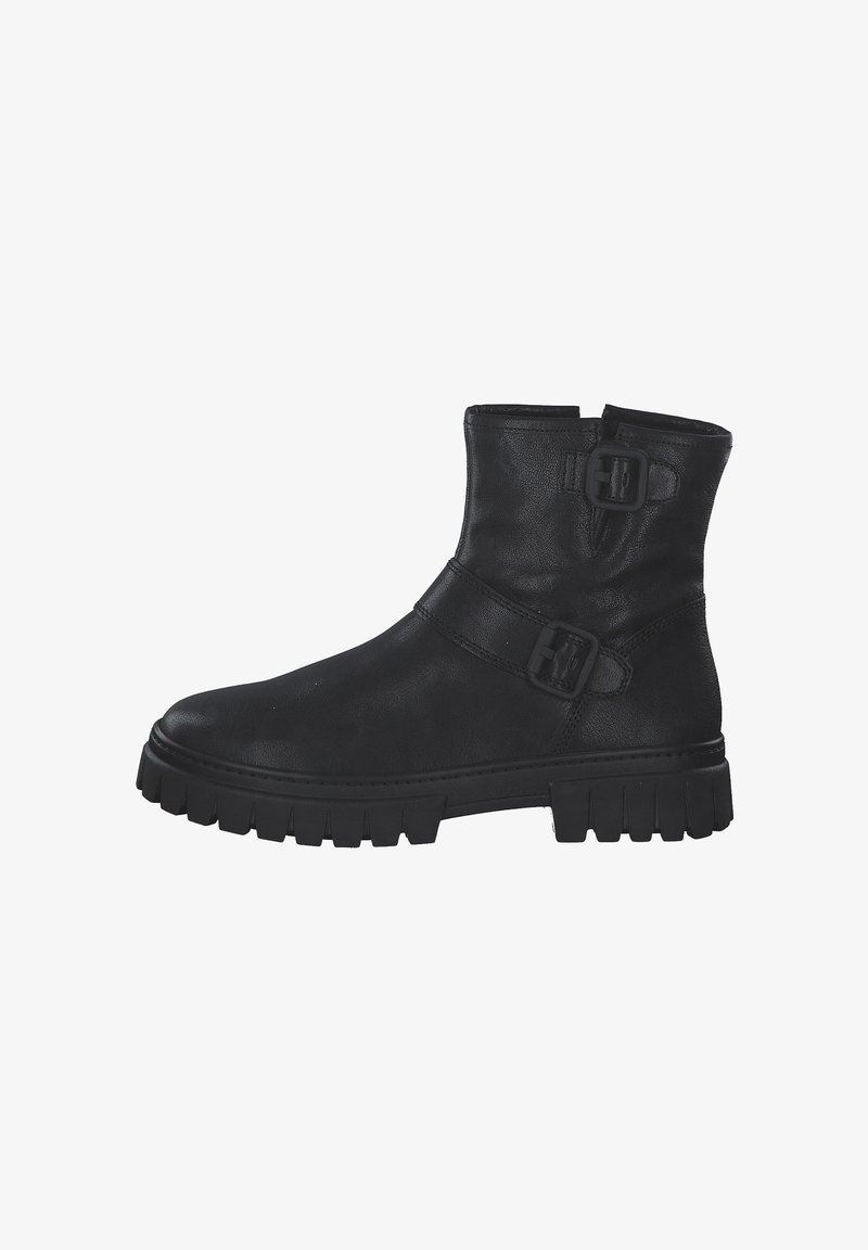 Bottines noires en cuir avec deux sangles à boucle, semelle en caoutchouc robuste, bout légèrement arrondi et finition lisse.