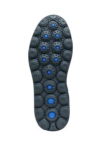 Suola di scarpa in gomma con un design a motivo composto da segmenti circolari e testurizzati in nero e blu. Presenti anche fori di drenaggio notevoli.
