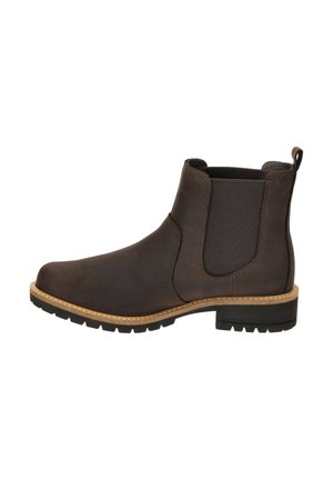 Braune Leder Chelsea Boots mit elastischen Seitenpaneelen, strukturiertem Obermaterial, beigen Nähten und einer robusten schwarzen Gummisohle.