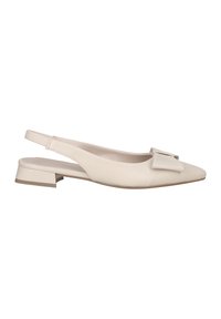 Beige Slingback-Flats aus glattem Leder mit spitzem Kopf. Mit einer dekorativen Schleife vorne und einem niedrigen Blockabsatz.