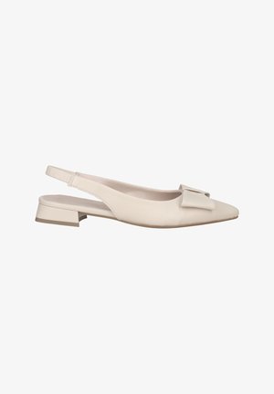 Beige slingback flats made of smooth leather with a pointed toe. Features a decorative bow at the front and a low, block heel.