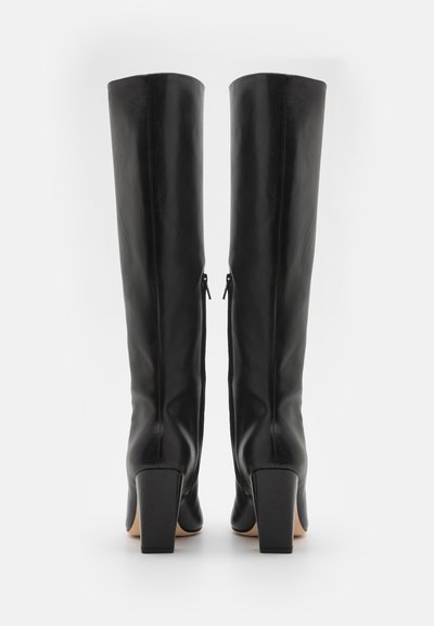 Black knee-high boots made of smooth leather, featuring a block heel and zip closure on the back. Clean design with no visible patterns.