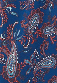 Navy fabric featuring a paisley pattern in red and turquoise, with intricate leaf designs and varied textures throughout.
