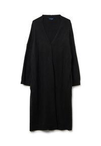 Cardigan lungo nero realizzato in morbido tessuto maglione, con scollo a V, spalle cadenti e spacchi laterali per facilitare i movimenti.