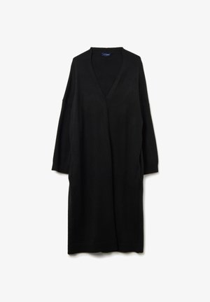 Black long cardigan made of soft knit fabric, featuring a V-neck, drop shoulders, and side slits for ease of movement.