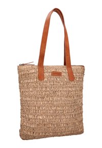 Geweven naturel stro tote tas met bruine leren handvaten, ritssluiting en een gestructureerd oppervlak. Voorzien van een label aan de voorkant.