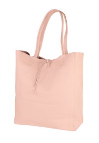 Roze leren shopper met twee lange hengsels, trekkoordsluiting, gestructureerd oppervlak en minimalistisch ontwerp. Zacht, ruim en licht van gewicht.