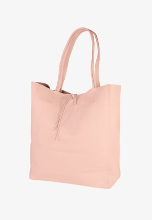 Roze leren shopper met twee lange hengsels, trekkoordsluiting, gestructureerd oppervlak en minimalistisch ontwerp. Zacht, ruim en licht van gewicht.