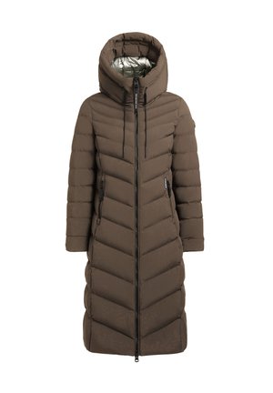 Brun lang pufferjakke med hætte, fremhævet af et chevron-quiltet mønster, frontlynlås og to sidelommer. foret med en kontrastfuld sølvindvendig.