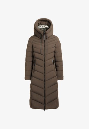 Barna, hosszú pufikabát kapucnival, harangsor mintával, elülső cipzárral és két oldalsó zsebbel. Kontrasztos ezüst béléssel.