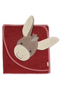 Red towel featuring a donkey design with textured ears and face. Soft terry cloth with a pink border. Notable details include embroidered features.