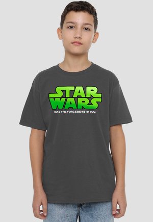 Gray cotton t-shirt featuring "STAR WARS" in green text, with the phrase "MAY THE FORCE BE WITH YOU" underneath in white. Short sleeves.