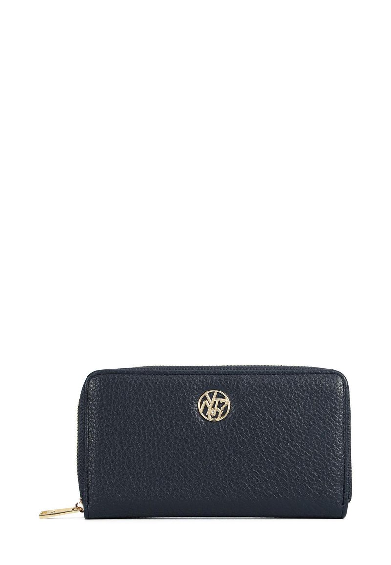 Portafoglio in pelle blu navy con finitura testurizzata, logo in metallo dorato, chiusura con zip e forma rettangolare. Dispone di più scomparti per carte all'interno.