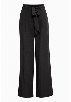 Black wide-leg pants with a tie belt, made from a lightweight fabric featuring a smooth texture and subtle sheen.