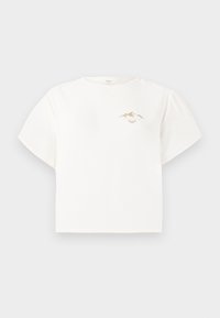 T-shirt blanc à manches courtes en coton, doté d'un petit motif de montagne dorée sur la poitrine et d'une coupe ample et carrée.