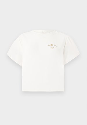 White short-sleeve t-shirt made of cotton, featuring a small gold mountain graphic on the chest and a loose, boxy fit.
