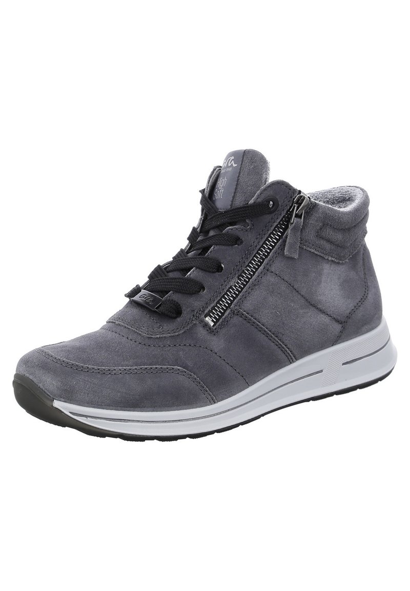 Graue Wildleder-Hochschaft-Sneaker mit schwarzen Schnürsenkeln, Reißverschluss-Akzent, glattem Obermaterial, gepolstertem Schaft und weißer Gummisohle mit strukturiertem Detail.