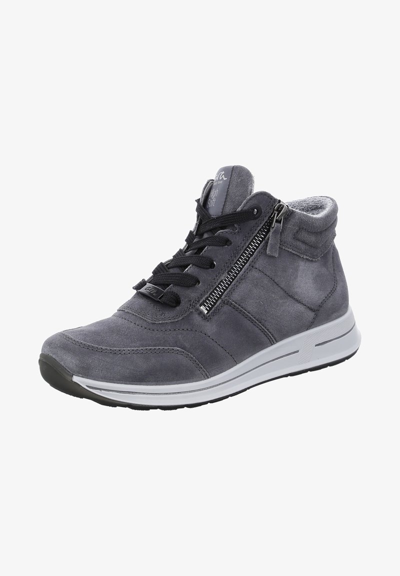 Graue Wildleder-Hochschaft-Sneaker mit schwarzen Schnürsenkeln, Reißverschluss-Akzent, glattem Obermaterial, gepolstertem Schaft und weißer Gummisohle mit strukturiertem Detail.