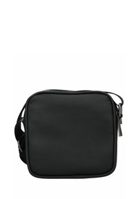 Borsa rettangolare nera realizzata in materiale texturizzato. Presenta una chiusura con zip, una tracolla regolabile e un design minimalista.