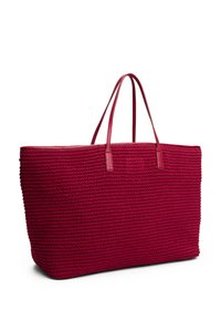Borsa tote intrecciata rossa con manici in pelle liscia, forma rettangolare, superficie testurizzata e design a apertura superiore. Adatta a vari utilizzi.