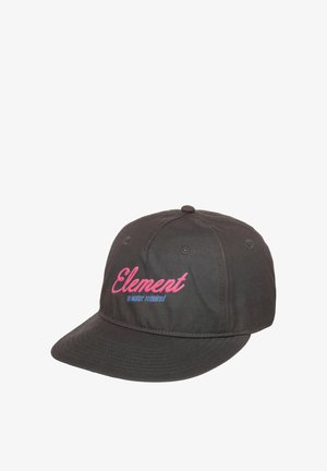 Czarna czapka bejsbolowa z różowym napisem "Element" i niebieskim napisem "no water required" z przodu, sześciopanelowy design i zakrzywiony daszek.