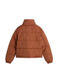 Doudoune marron avec un col montant, design matelassé, poignets élastiques et coupe courte. Texture lisse, matériau léger.
