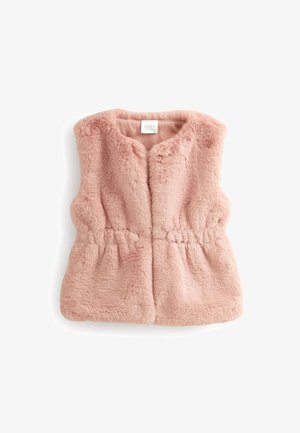 Lyserød faux pelsvest med blød tekstur, med rund halsudskæring, elastisk talje og to forreste paneler. Mærke: NEXT.