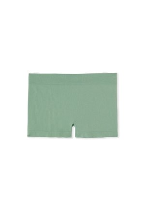 Pantaloncini in tessuto elasticizzato a coste verde chiaro senza cuciture, con una fascia in vita ampia e aperture corte sulle gambe.