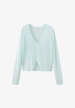 Svetlomodrý, dlhý rukáv, krátky kardigán s hlbokým výstrihom do V a predným rozparkom na leme, zobrazený na bielom pozadí.