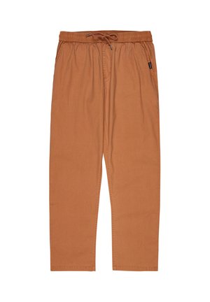 Brown, elastic waist pants made of soft fabric. They feature a drawstring, side pockets, and a straight-leg design.