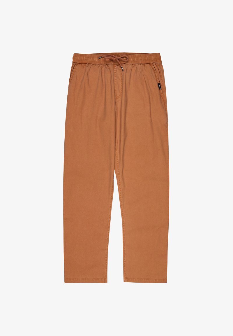 Brown, elastic waist pants made of soft fabric. They feature a drawstring, side pockets, and a straight-leg design.