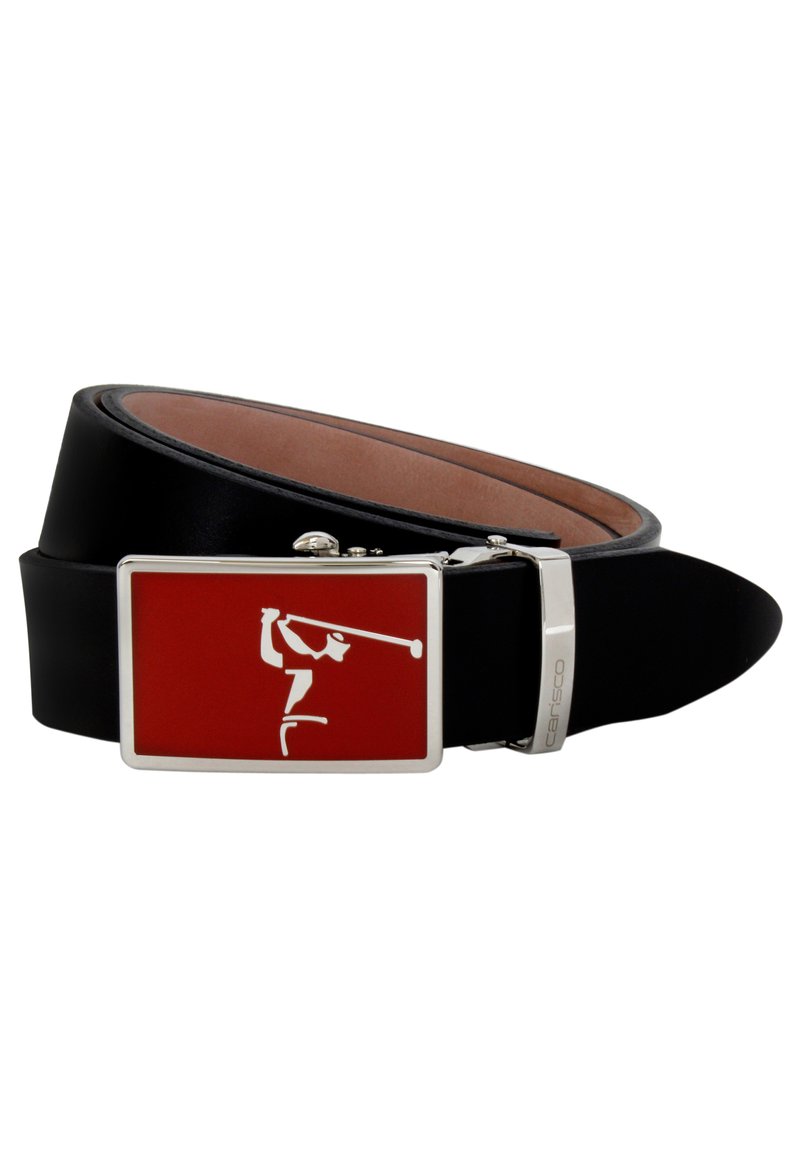 Schwarzer Lederetui mit einer rechteckigen metallischen Schnalle, die einen roten Hintergrund und ein weißes Golfer-Silhouetten-Design aufweist. Glatte Textur.