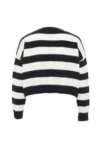 Cropped sweater in black and white horizontal stripes. Knit material with ribbed cuffs and hem. Features a round neckline and relaxed fit.