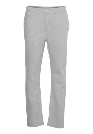 Pantalones de chándal grises hechos de una suave mezcla de algodón, con una textura lisa, cinturilla elástica y piernas rectas sin patrones visibles.