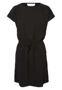 Schwarzes Kurzarmkleid mit rundem Ausschnitt, elastischem Taillenbund und Kordelzug. Glatte Textur mit seitlichen Taschen. Einfaches, schlichtes Design.