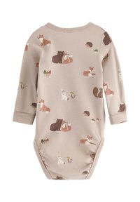 Langærmet body i blødt beige stof, med et trykt mønster af skovdyr med ræve, bjørne og kaniner.