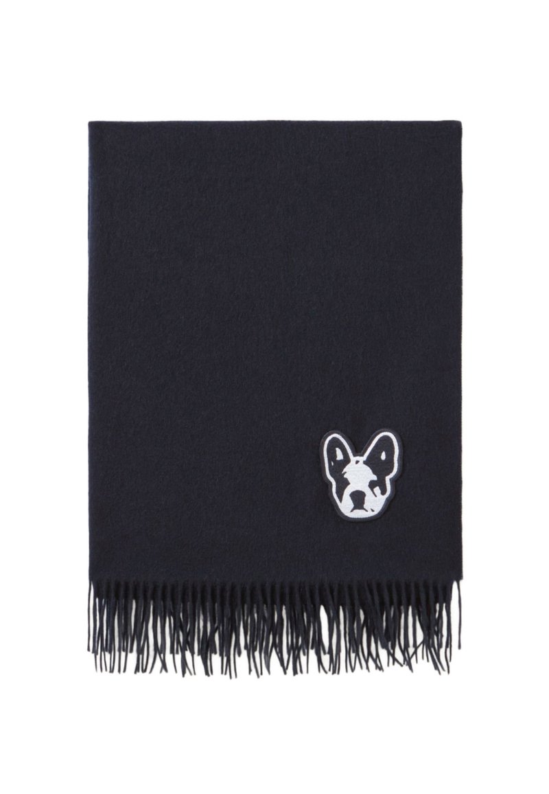 Écharpe en laine bleu marine foncé avec des bords fringés, comportant un patch cousu d'une tête de bulldog français en noir et blanc.