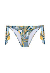 Bikini spodní část s nastavitelnými šňůrkami na bocích, s barevným listovým vzorem v modré, žluté a šedé barvě na světlém pozadí.